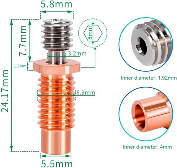 Bimetal E3D V6 Titanium Copper Throat -Pipe- 1.75mm